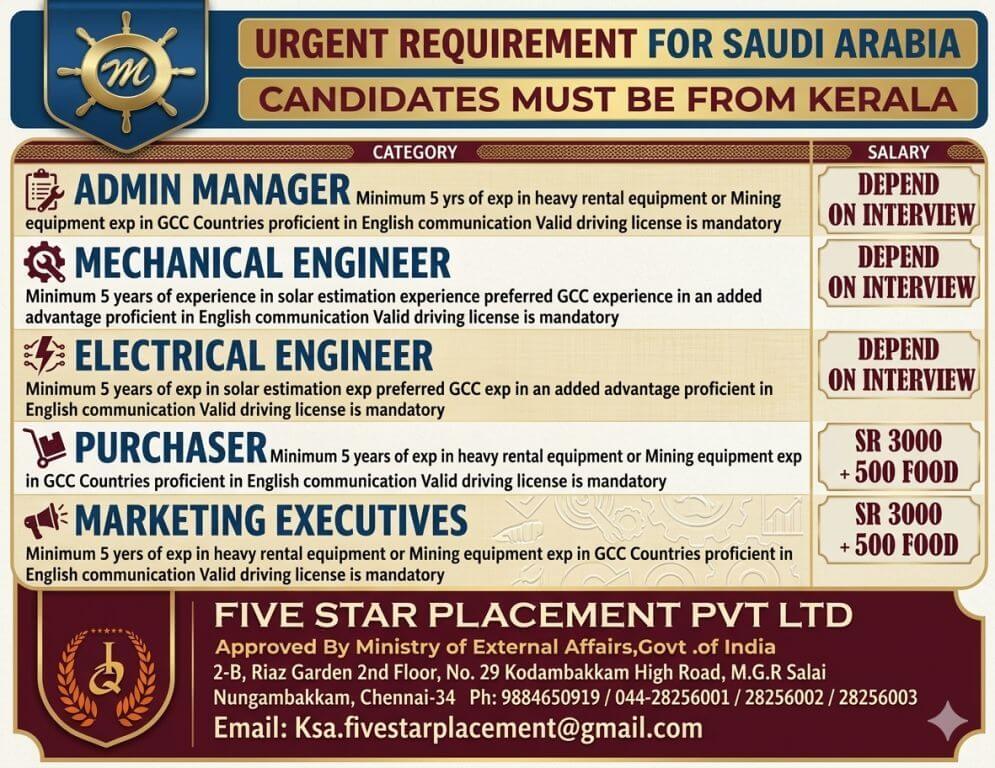 URGENT REQUIREMENT FOR SAUDI ARABIA