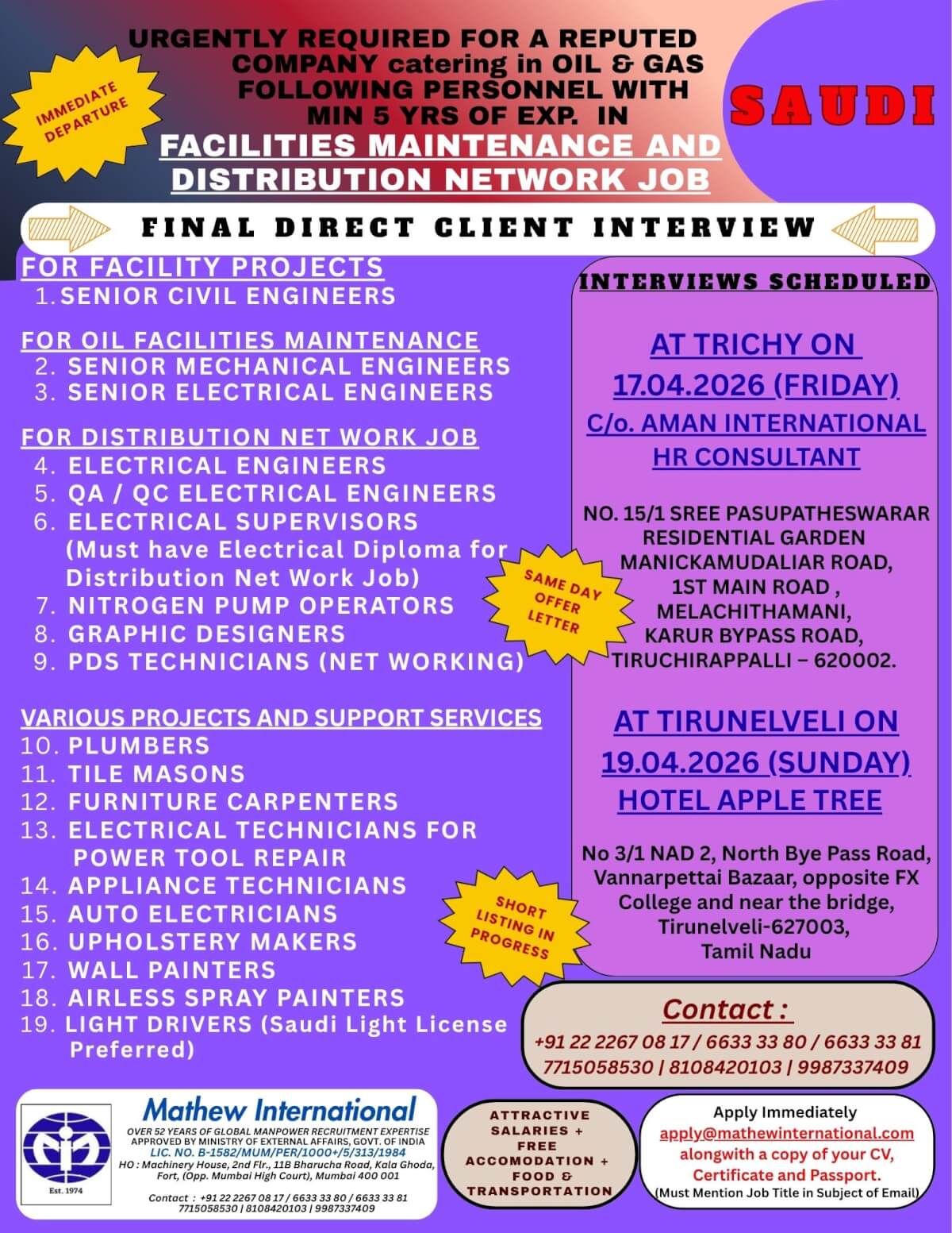 SAUDI - Urgently required for a reputed Company Catering to Saudi Aramco Rig personnel with min. 3 years experience working On Board various Vessels