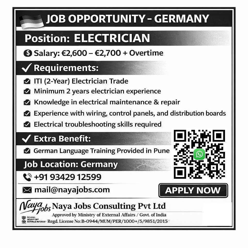 URGENT HIRING – ELECTRICIAN (GERMANY) #hiring!