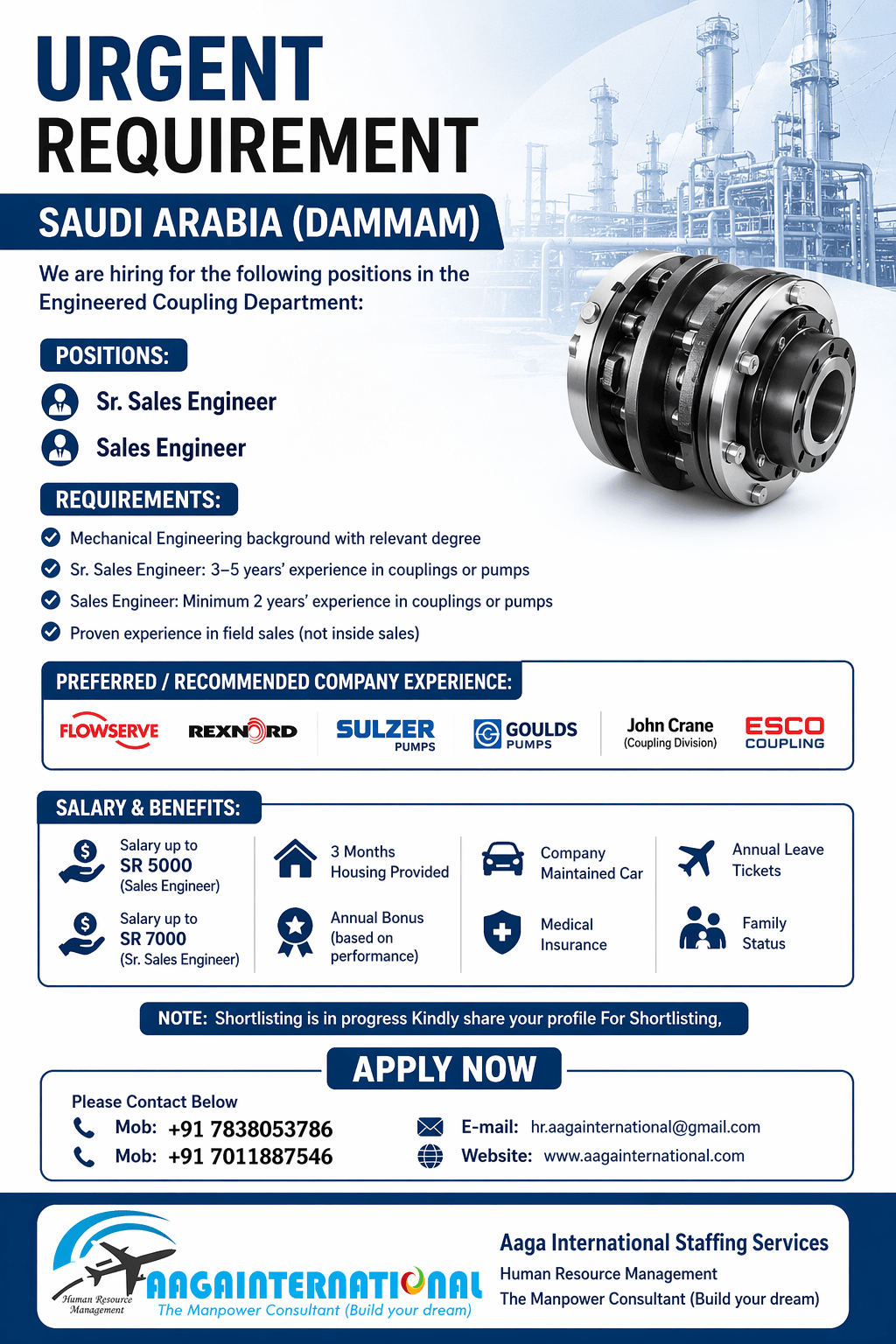 Urgent hiring for  Engineered Coupling