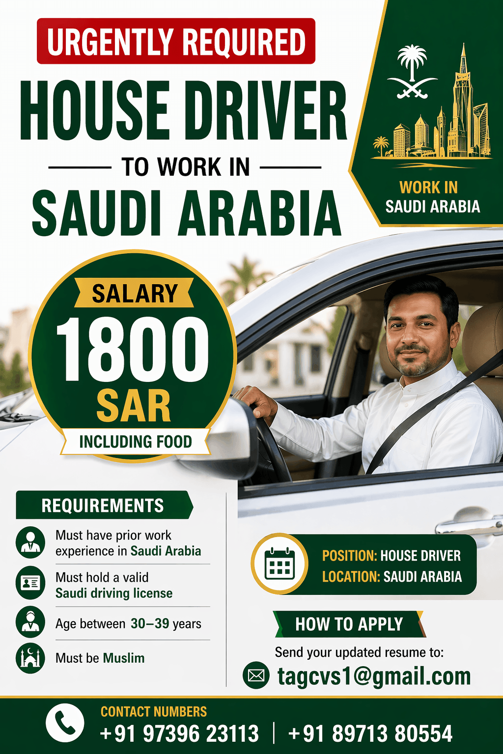 Urgently Required – House Driver – Saudi Arabia