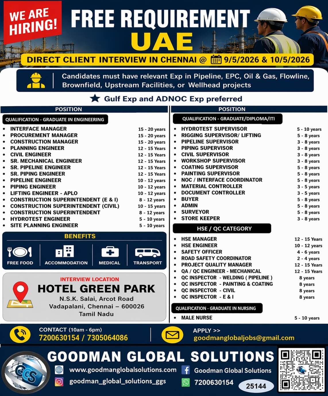 FREE REQUIREMENT -UAE - LONG TERM  DIRECT CLIENT  INTERVIEW IN CHENNAI @ 09-05-2026 & 10-05-2026