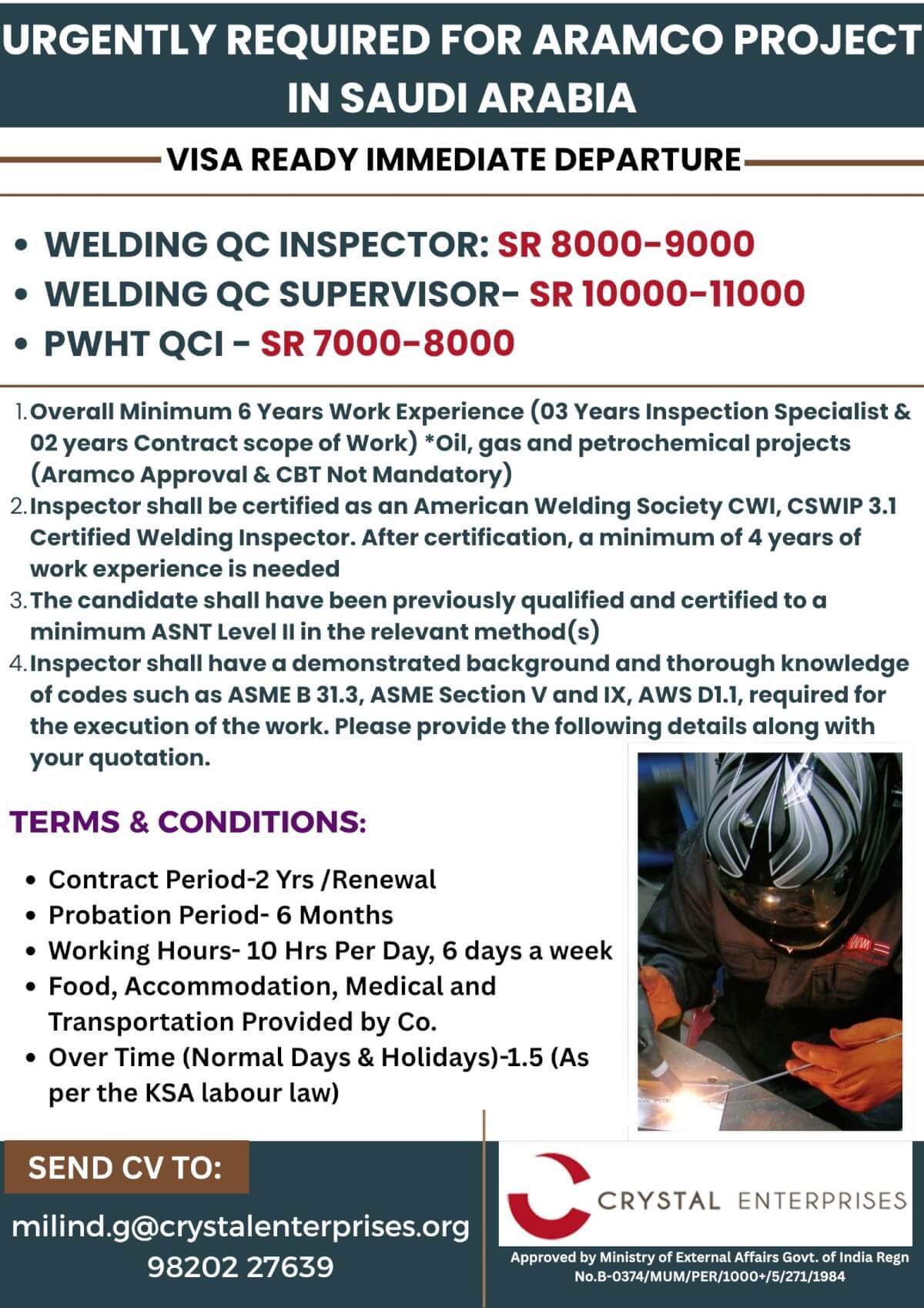 URGENTLY REQUIRED FOR ARAMCO PROJECT IN SAUDI ARABIA