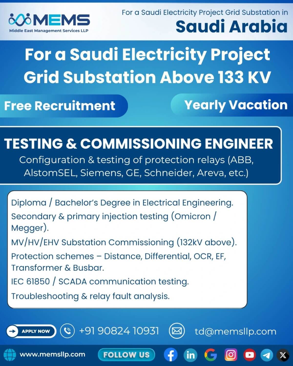 We are hiring for Power Transmission & Substation Project in Saudi Arabia