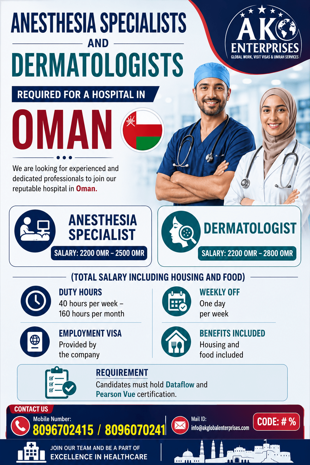 Required for a Hospital in Oman- 1 Dermatologist 2 A Anesthesia Specialist