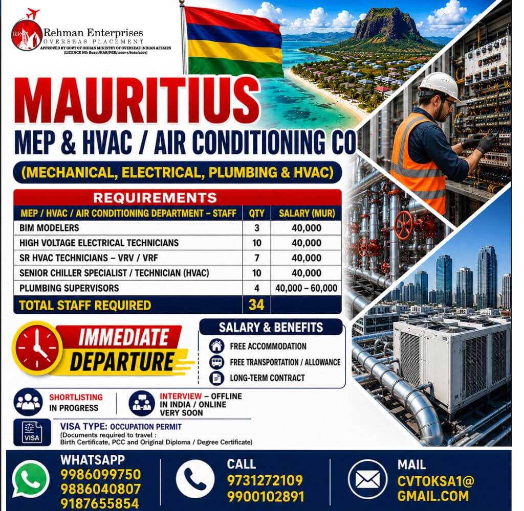 HIRING FOR MAURITIUS
