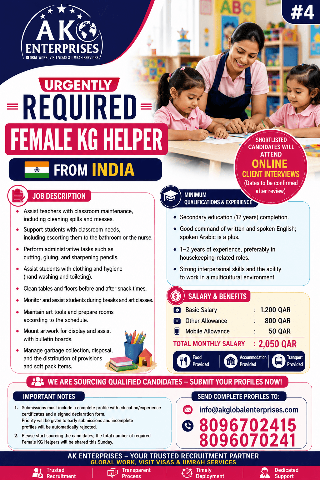 Hiring for Qatar Female KG Helper Only Muslim Candidates