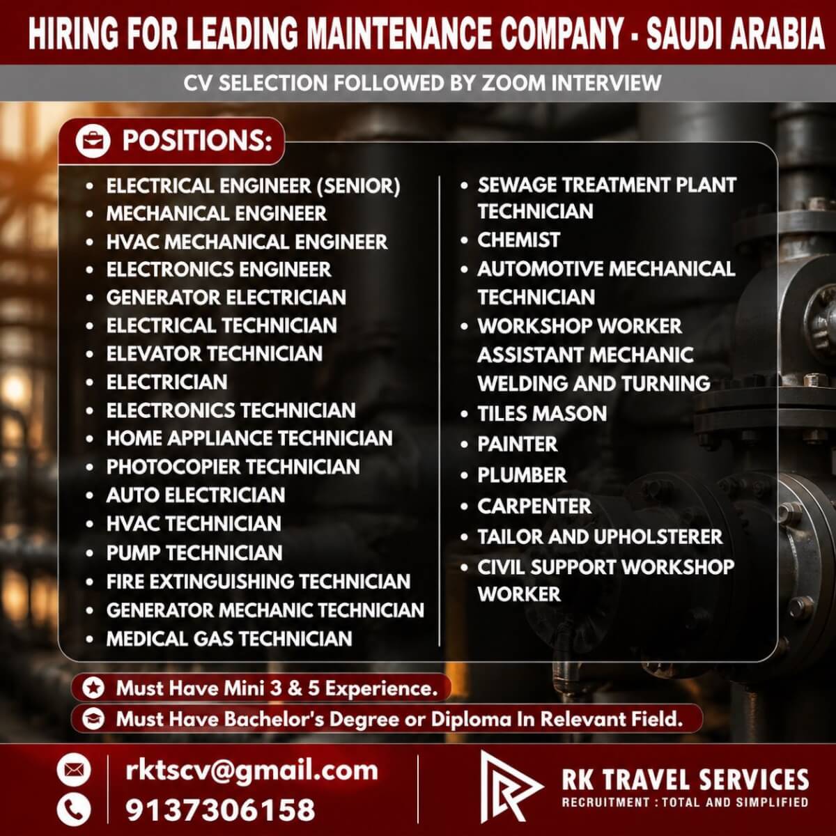 HIRING FOR LEADING MAINTENANCE COMPANY-SAUDI ARABIA