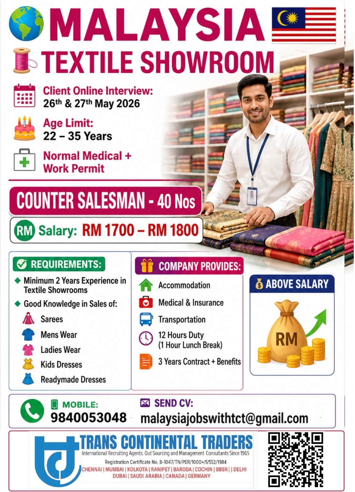 MALAYSIA HIRING FOR TEXTILE SHOWROOM-COUNTER SALESMAN