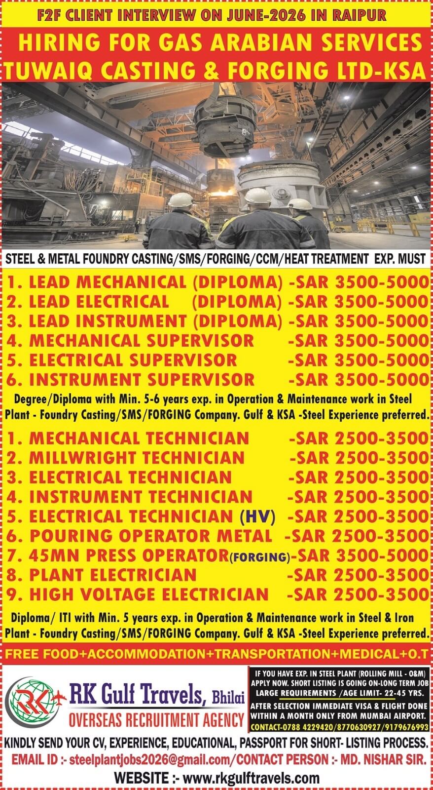 HIRING FOR A GAS ARABIA COMPANY FOR THEIR TUWAIQ STEEL - KSA