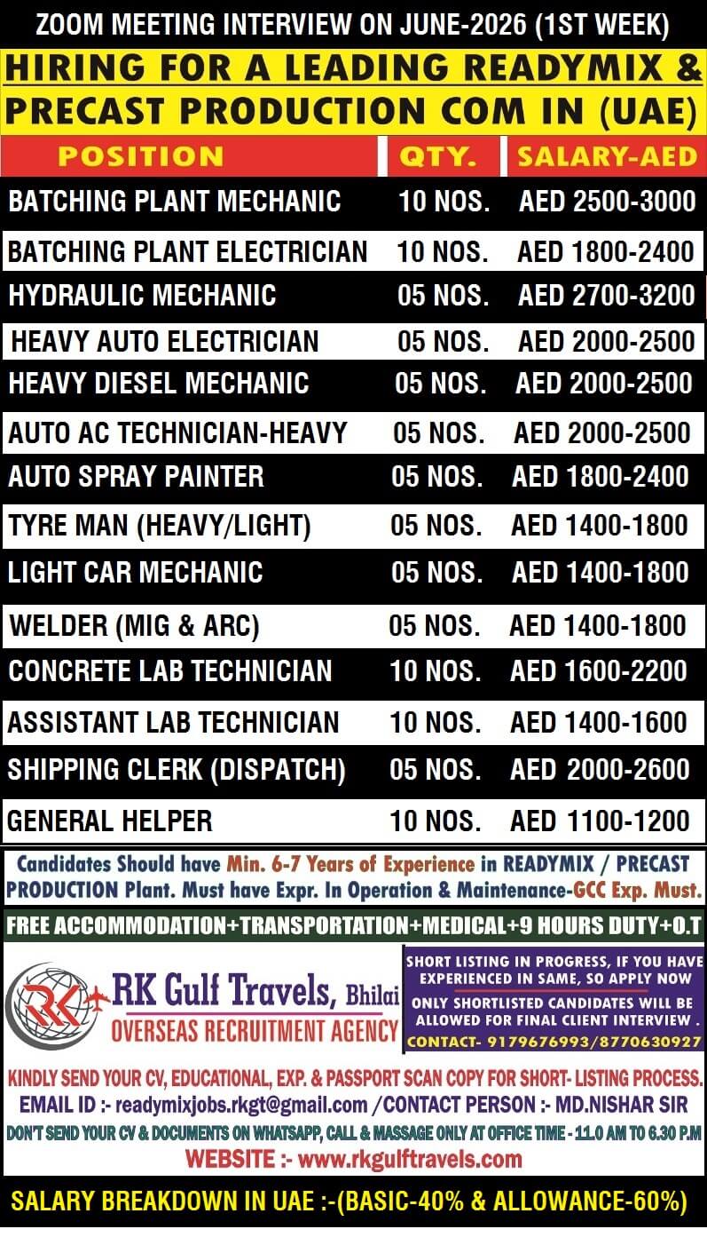 HIRING FOR A LEADING READY MIX COMPANY - ABU DHABI (UAE).