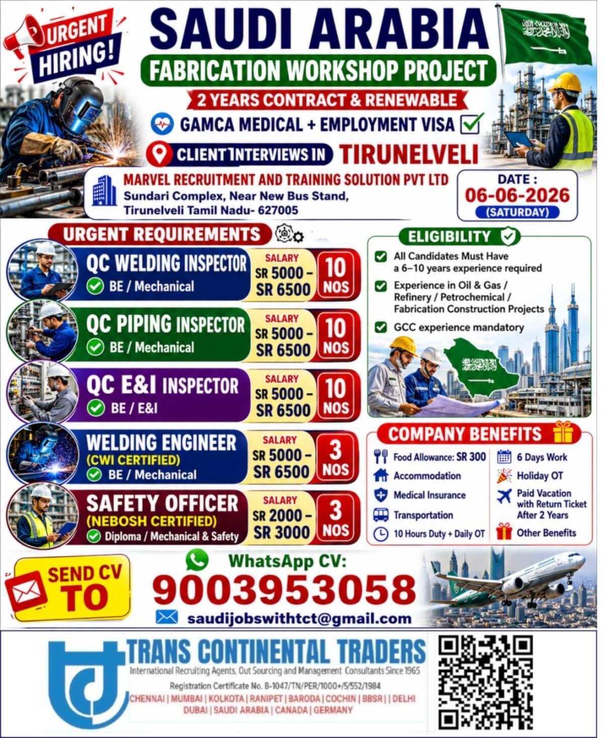 HIRING FOR REPUTED OIL & GAS COMPANY -SAUDI ARABIA|INTERVIEWS IN TIRUNELVELI ON 06-06-2026