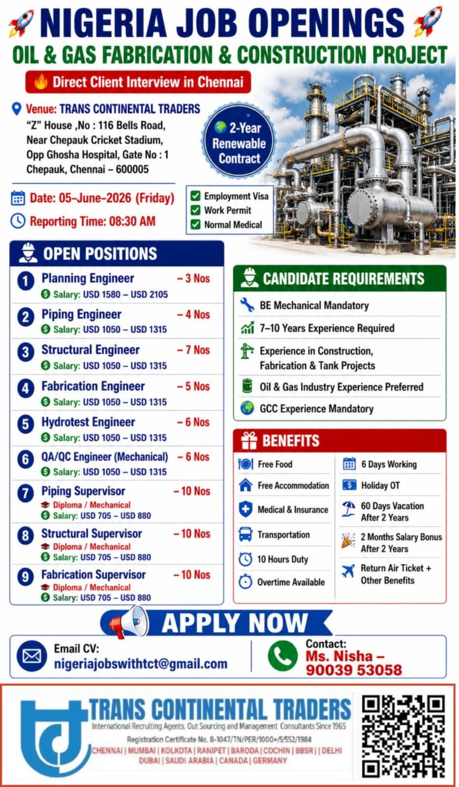 HIRING FOR NIGERIA OIL AND GAS FABRICATION & CONSTRUCTION PROJECT | CLIENT INTERVIEW IN CHENNAI 05-06-2026