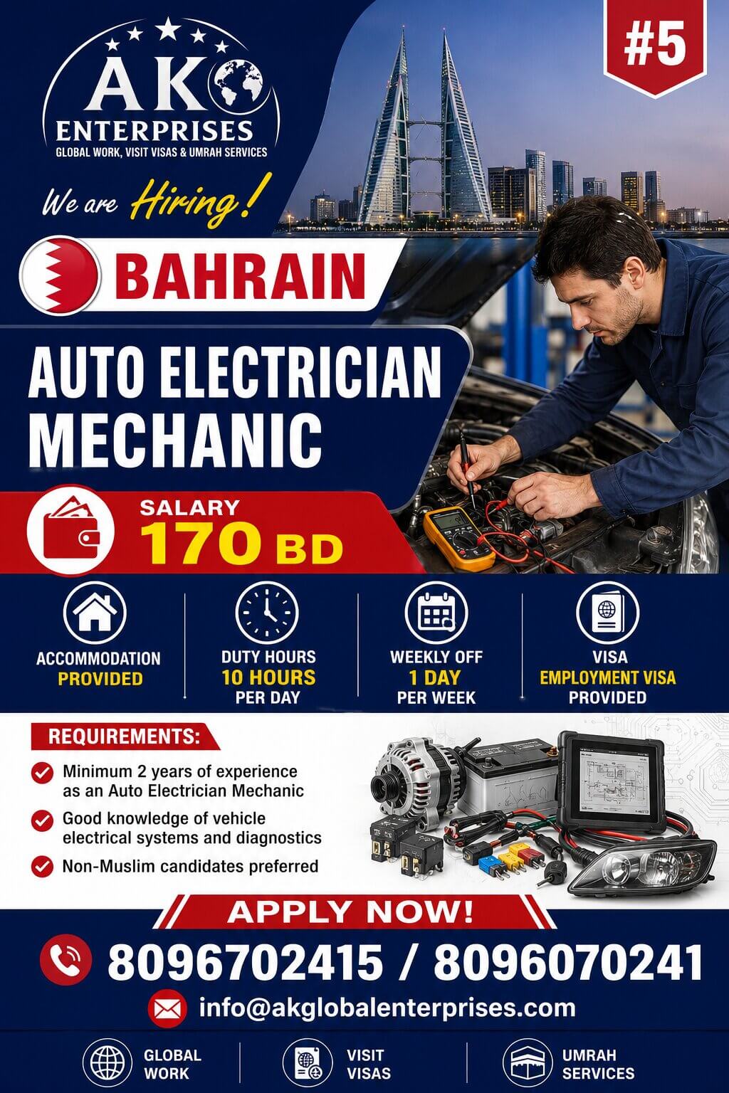 Urgently Hiring for Bahrain-Auto Electrician Mechanic