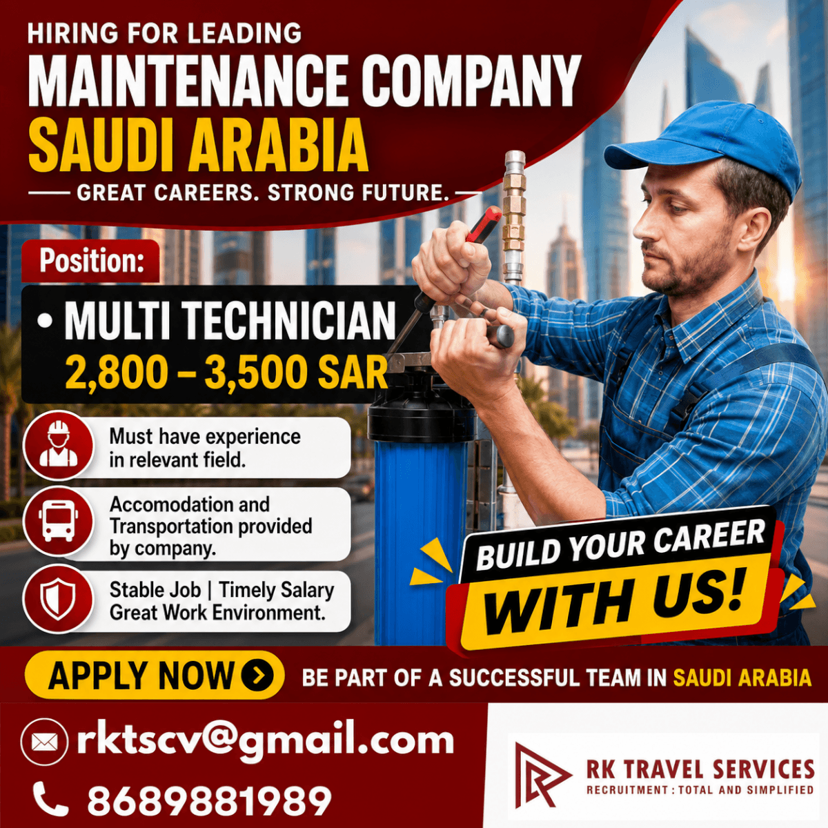 HIRING FOR LEADING MAINTENANCE COMPANY SAUDI ARABIA