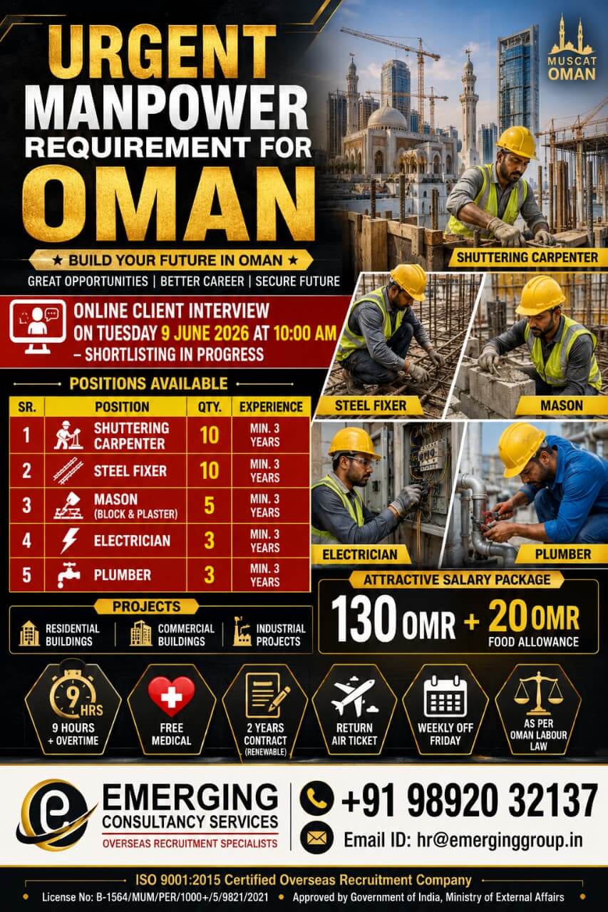 URGENT MANPOWER REQUIREMENT FOR OMAN ONLINE CLIENT INTERVIEW TUESDAY, 09 JUNE 2026 - 10:00 AM SHORTLISTING IN PROGRESS