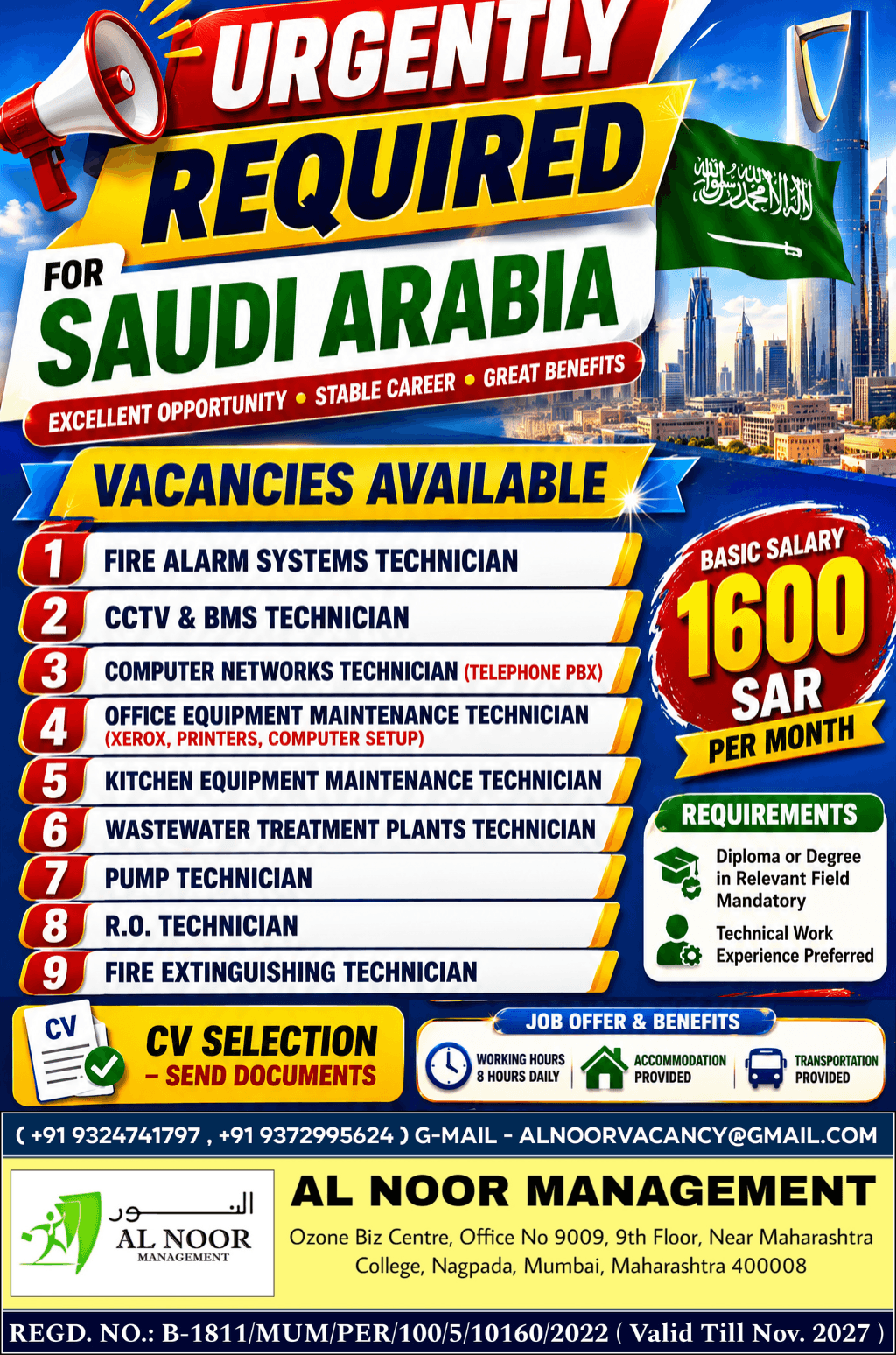 URGENTLY REQUIRED FOR SAUDI ARABIA VACANCIES