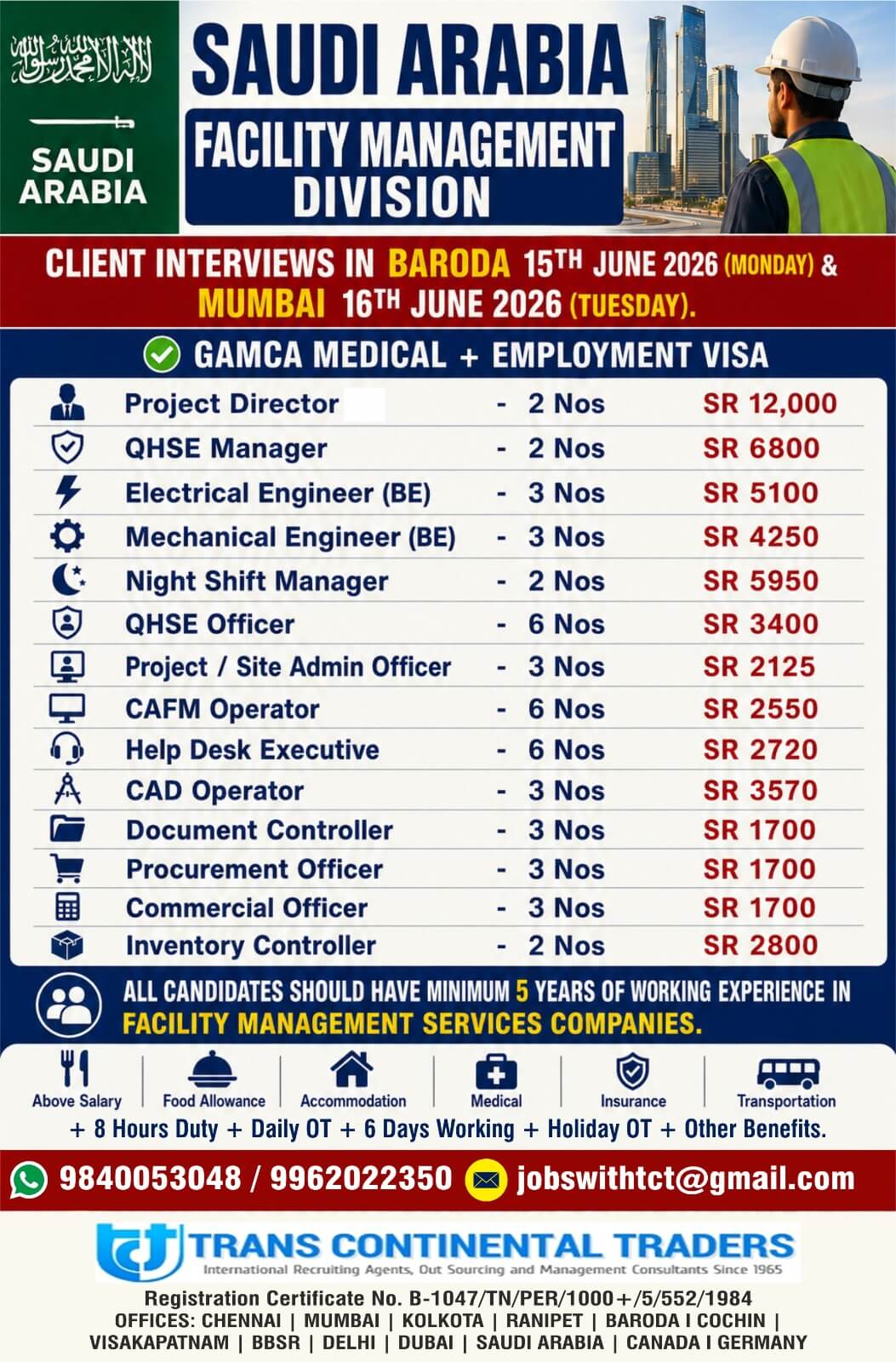 HIRING FOR FACILITY MANAGEMENT DIVISION SAUDI ARABIA | CLIENT INTERVIEWS IN VADODARA 15TH JUNE 2026 | 16TH JUNE 2026