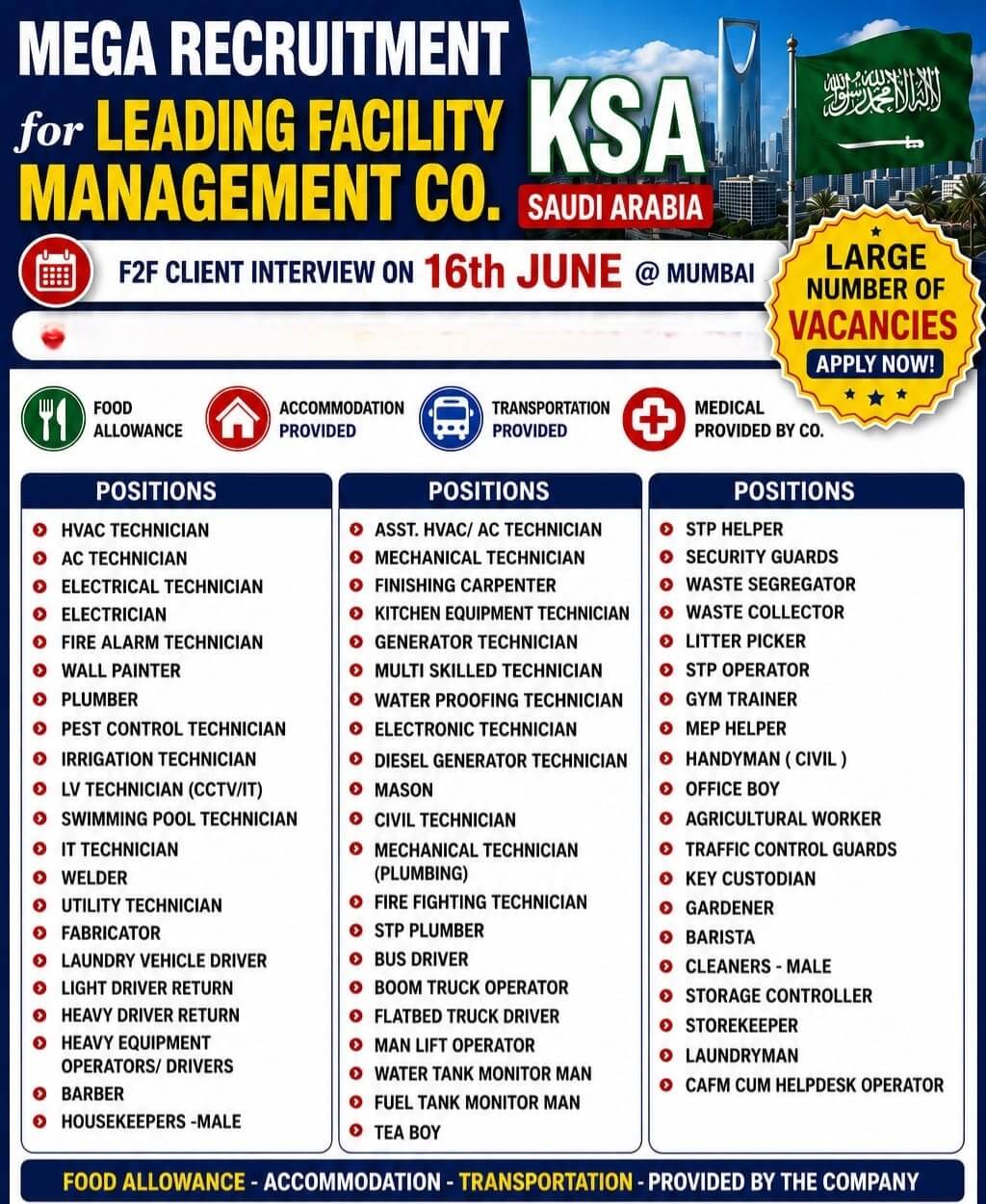 Urgent required for reputed company saudi arabia