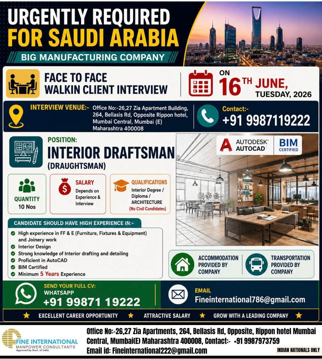 URGENTLY REQUIRED FOR SAUDI ARABIA – BIG MANUFACTURING COMPANY   ? FACE TO FACE WALKIN CLIENT INTERVIEW ON 16th JUNE, TUESDAY, 2026