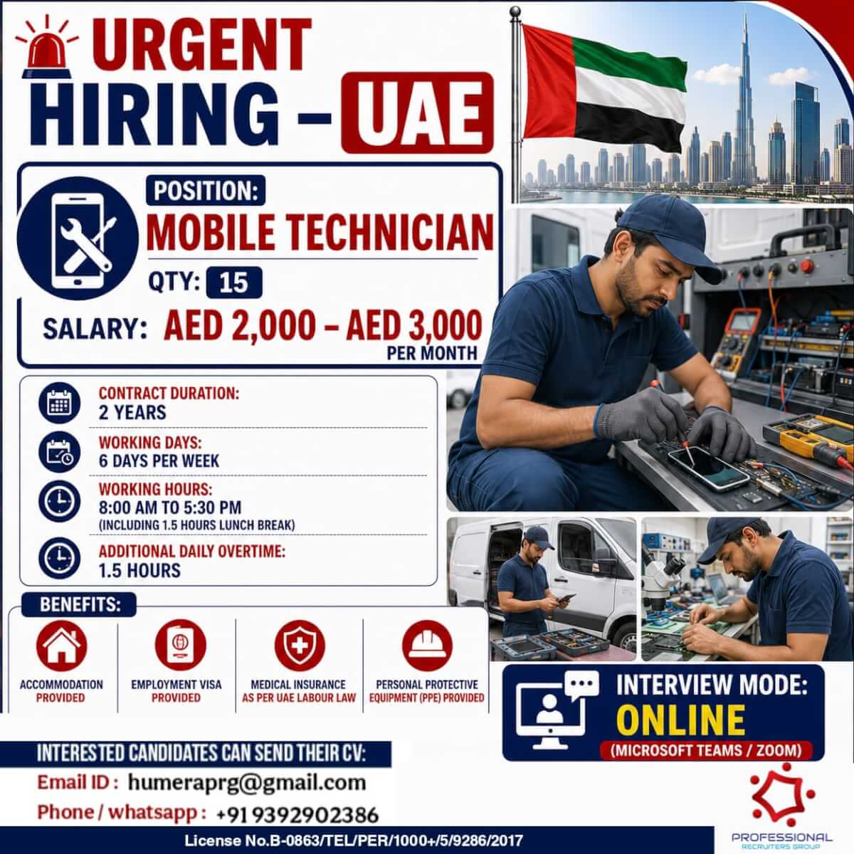 We're hiring 15 Mobile Technicians for a reputed company in the UAE.
