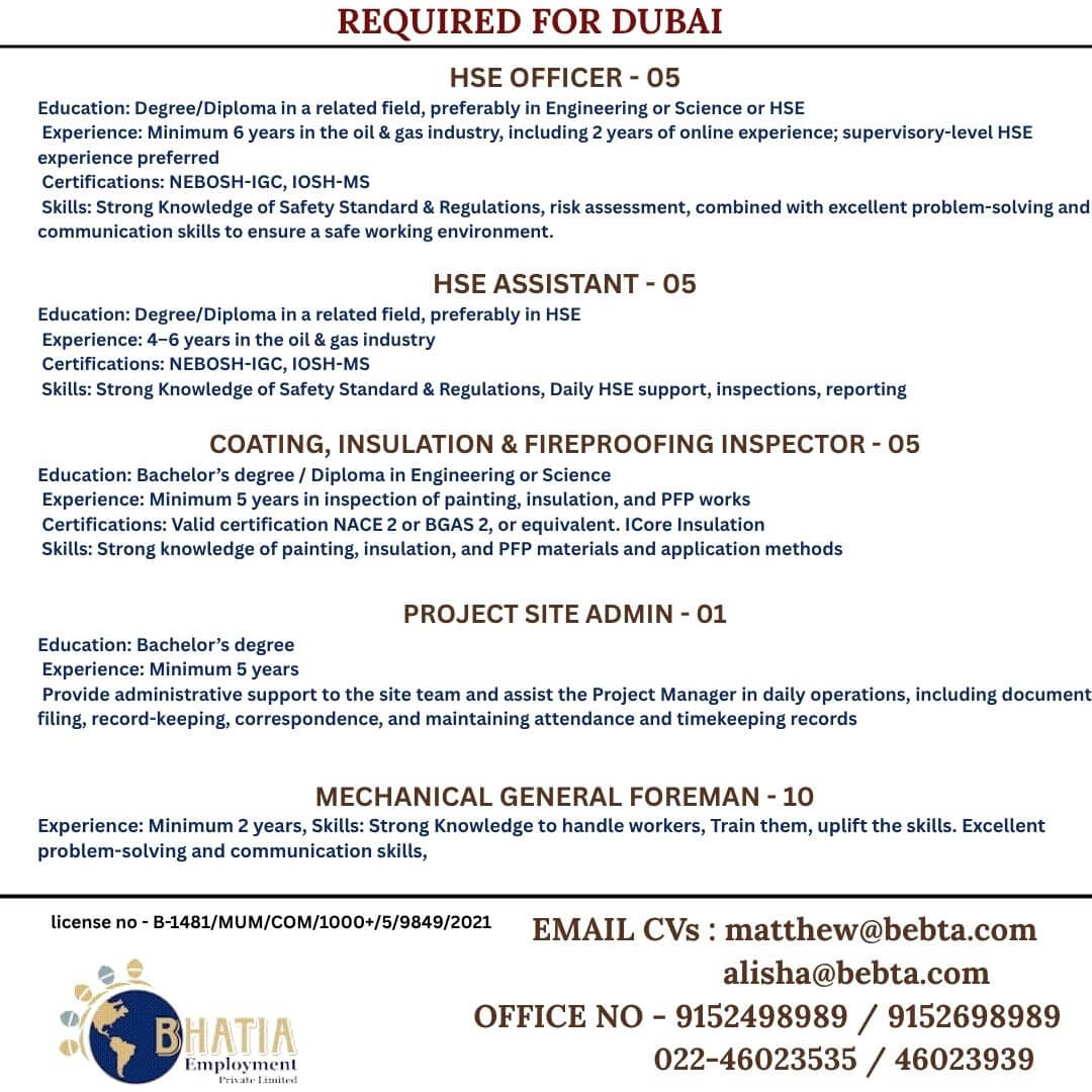 REQUIRED FOR ABUDHABI