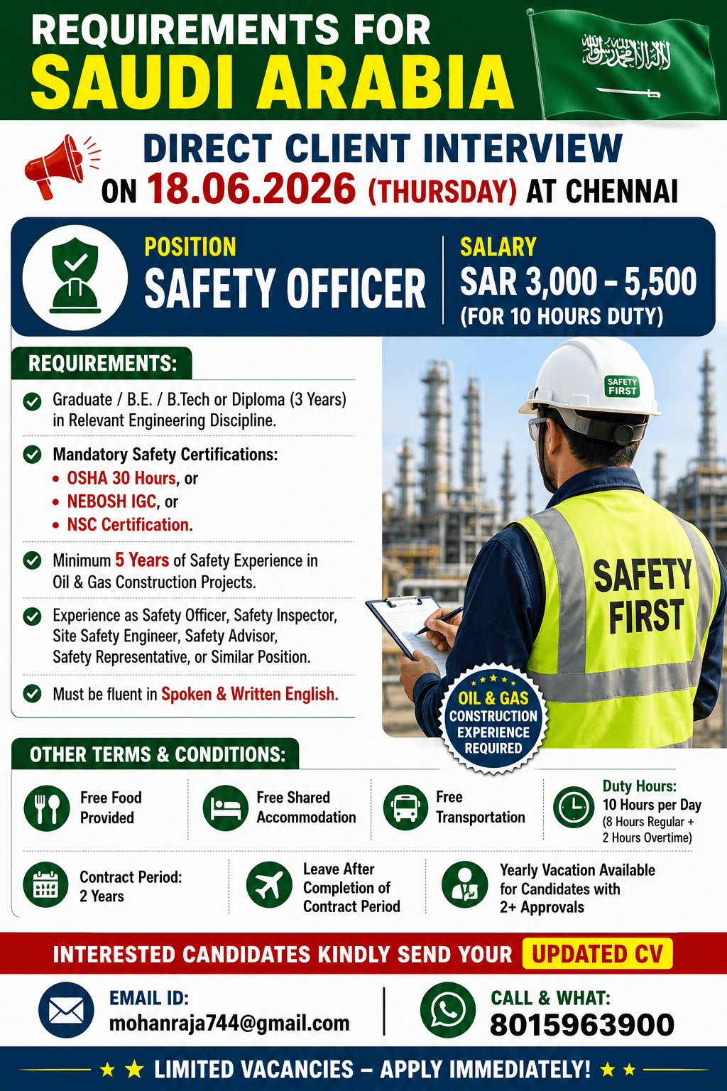 REQUIREMENTS FOR SAUDI  -  DIRECT CLIENT INTERVIEW ON 18.06.2026 (THURSDAY) AT CHENNAI