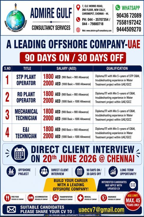 A LEADING OIL & GAS OFFSHORE COMPANY -UAE 90 DAYS ON / 30 DAYS OFF . DIRECT CLIENT INTERVIEW ON 20TH JUNE 2026 @ CHENNAI