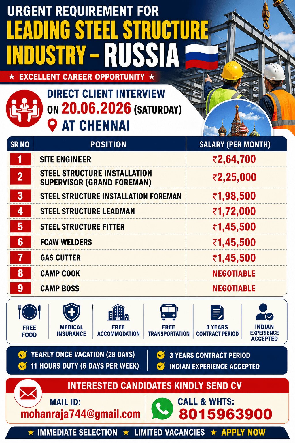 REQUIREMENTS FOR “LEADING STEEL STRUCTURE INDUSTRY” RUSSIA  DIRECT CLIENT INTERVIEW ON 20.06.2026 (SATURDAY) AT CHENNAI