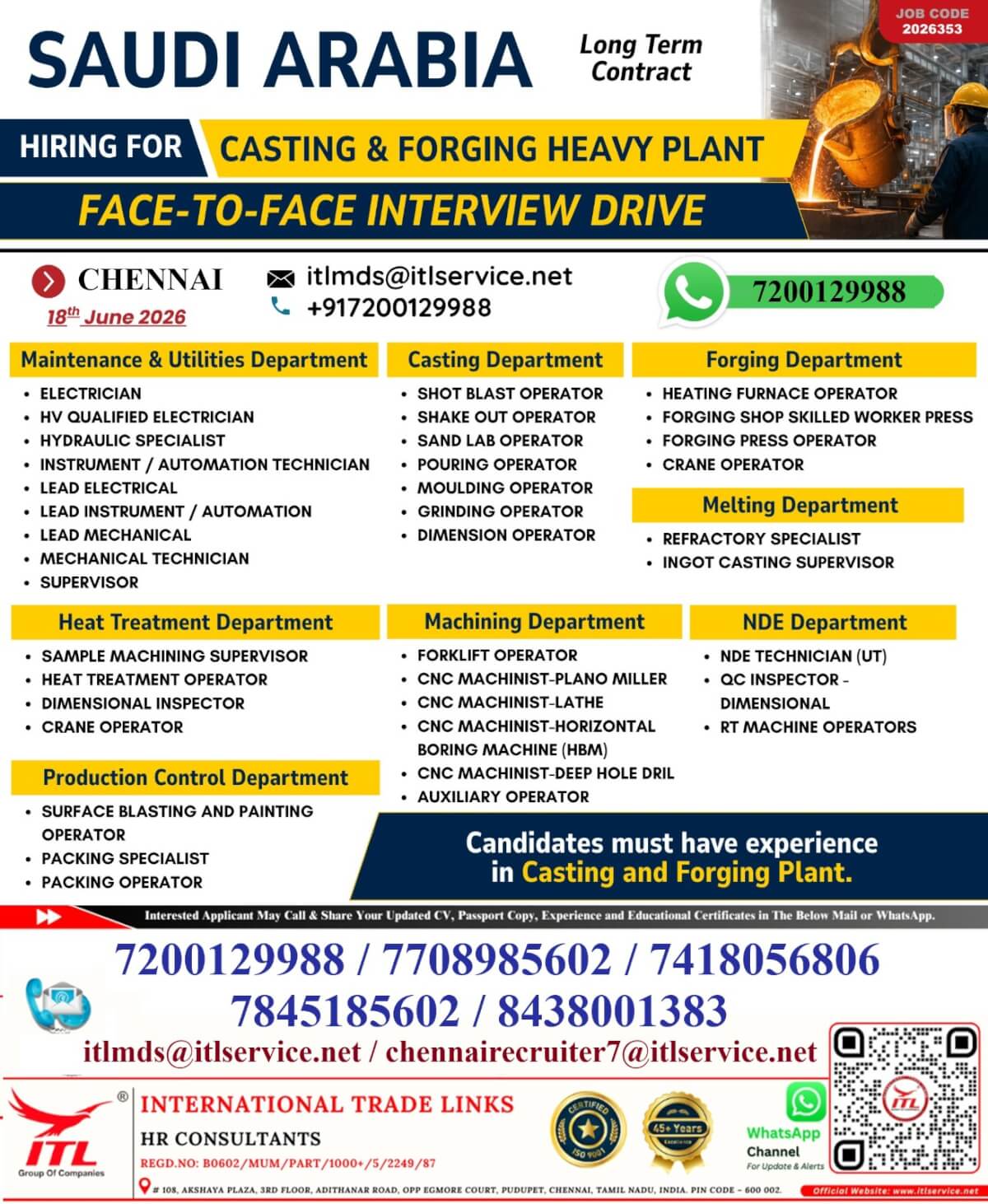URGENT HIRING FOR  SAUDI ARABIA  DIRECT INTERVIEW IN CHENNAI SHORTLY on 18th June 2026
