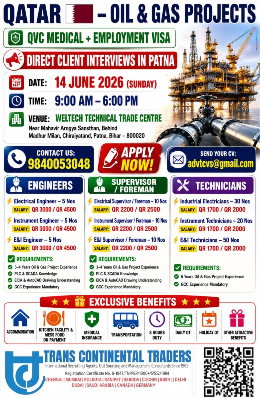 CALL NOW 9840053048 CLIENT INTERVIEWS IN PATNA FOR LEADING OIL AND GAS COMPANY QATAR