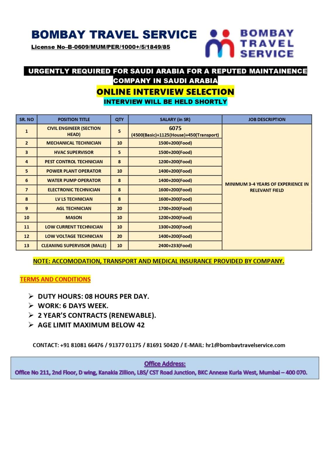 Top urgent required for ksa reputed co.