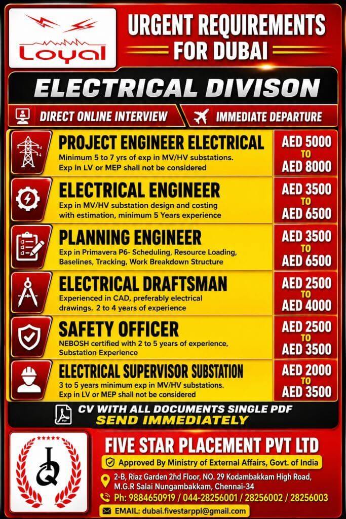 URGENT REQUIREMENT FOR DUBAI -ELECTRICAL DIVISON
