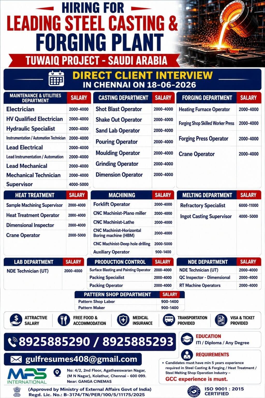 HIRING FOR  LEADING STEEL CASTING & FORGING PLANT TUWAIQ PROJECT – SAUDI ARABIA DIRECT CLIENT INTERVIEW IN CHENNAI ON 18-06-2026