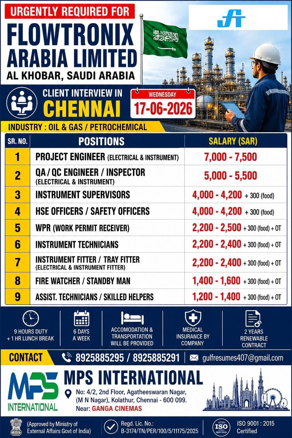 URGENTLY REQUIRED FOR FLOWTRONIX ARABIA LIMITED AL KHOBAR, SAUDI ARABIA CLIENT INTERVIEW IN CHENNAI WEDNESDAY – 17-06-2026