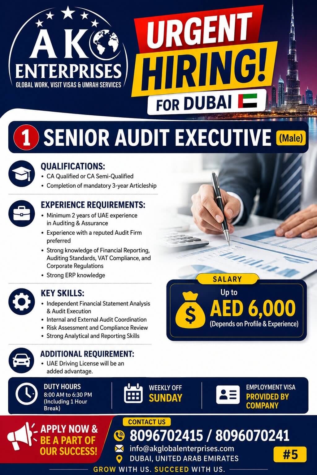 Urgent Hiring for Dubai  Senior Audit Executive (Male)