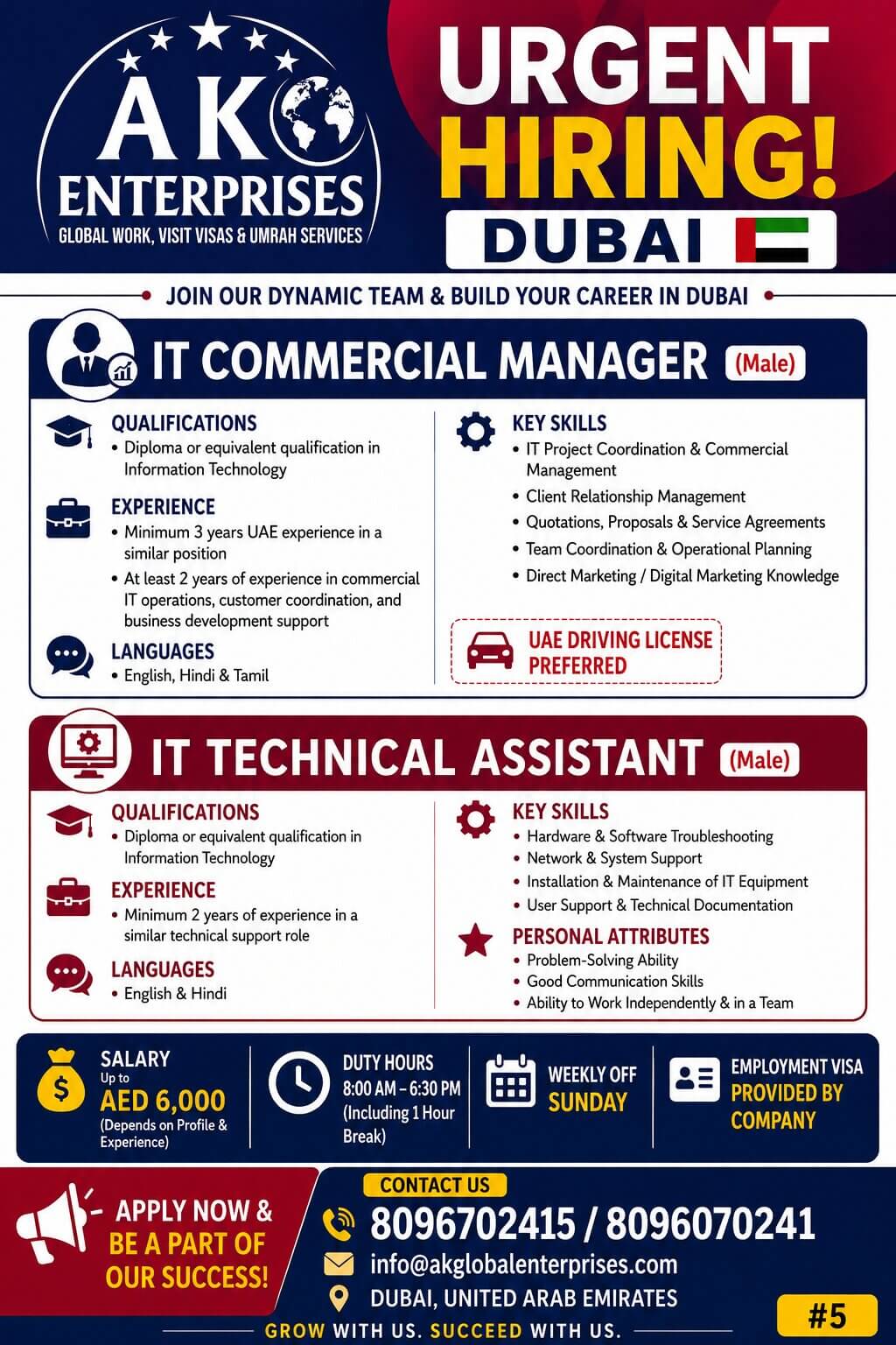 Urgently Hiring for Dubai- IT COMMERCIAL MANAGER (Male) IT TECHNICAL ASSISTANT (Male)