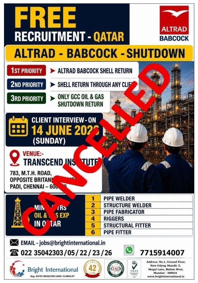 CANCELLED - FREE RECRUITMENT FOR SHELL QATAR – SHORT TERM PROJECT