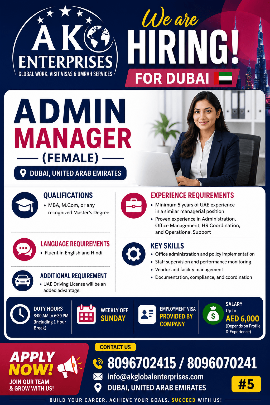 Urgently Hiring for Admin Manager for Dubai Female
