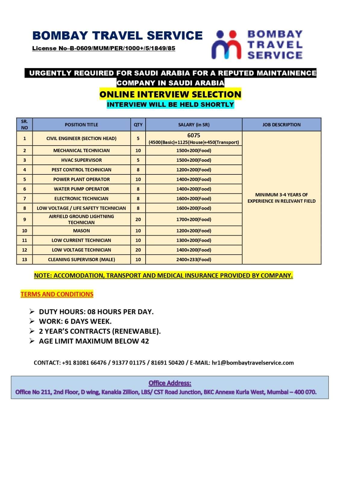 Top urgent requirement for ksa reputed co.