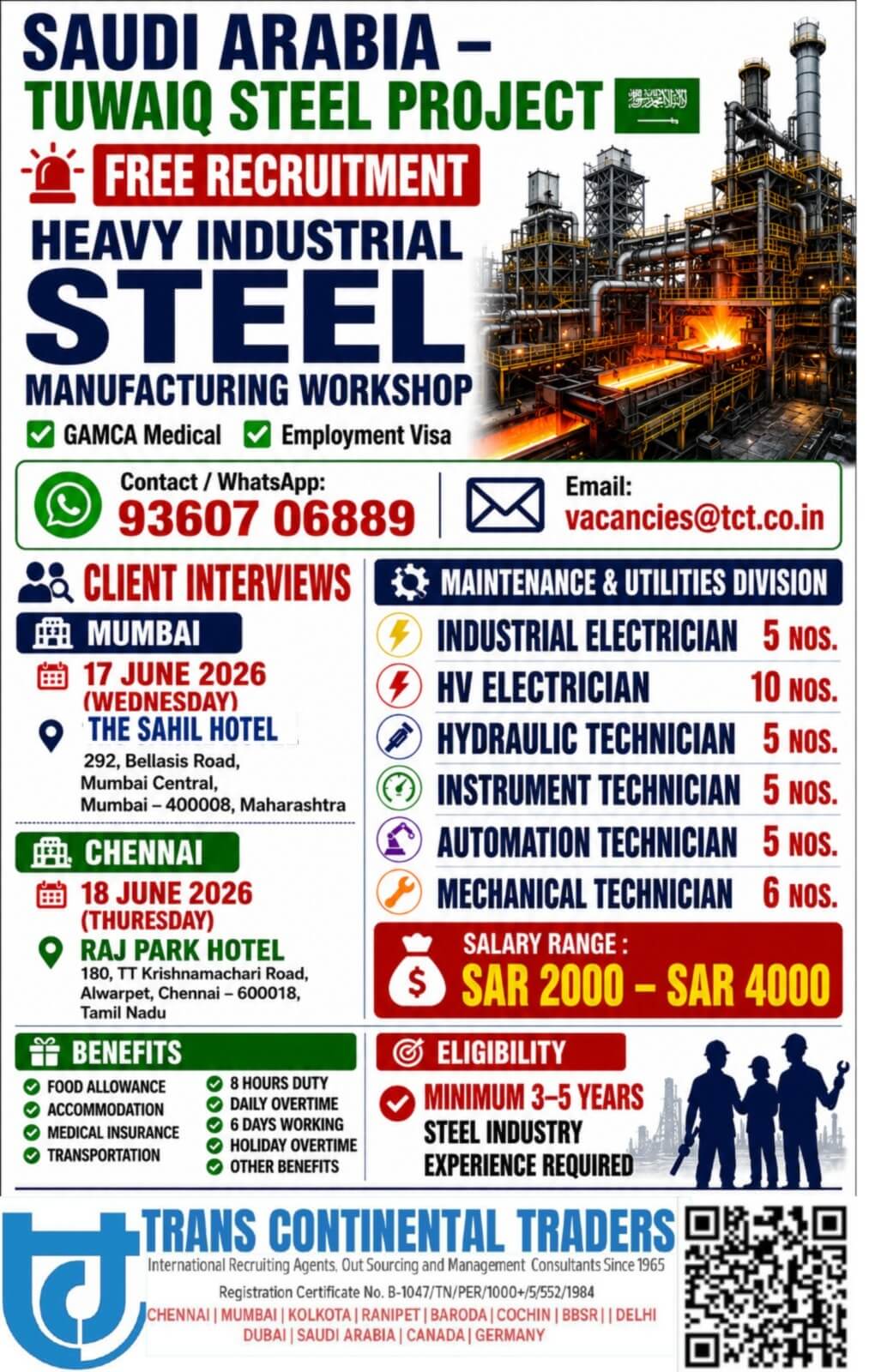 HIRING FOR TUWAIQ STEEL PROJECT SAUDI ARABIA | CLIENT FACE TO FACE  INTERVIEWS IN MUMBAI 17TH JUNE 2026 | CHENNAI 18TH JUNE 2026 APPLY NOW 9840053048