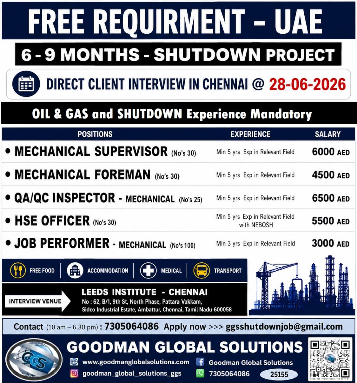 FREE REQUIREMENT - UAE - SHUTDOWN PROJECT  DIRECT CLIENT INTERVIEW IN CHENNAI ON 28-06-2026