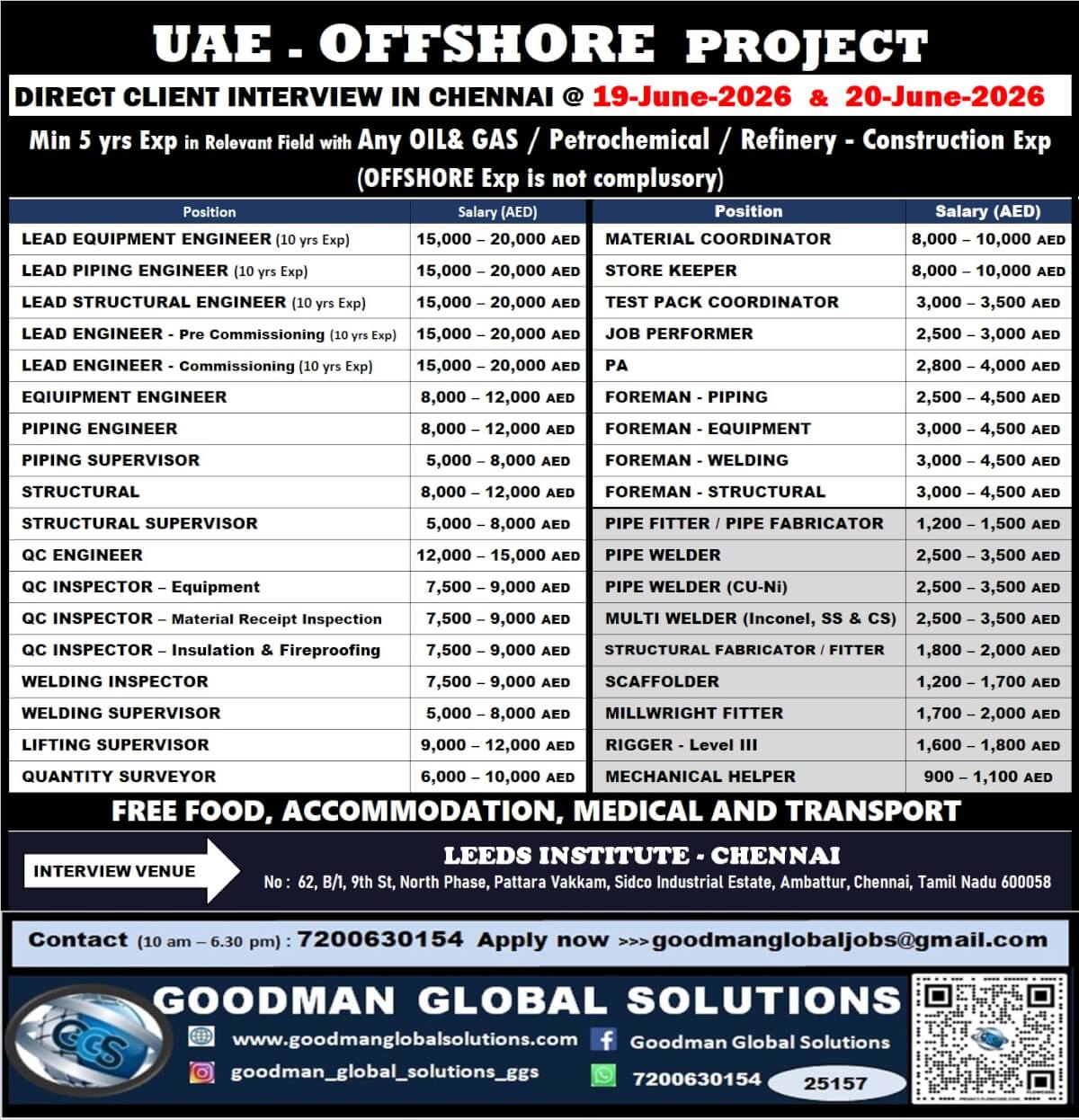 UAE - OFFSHORE PROJECT - LONGTERM  DIRECT CLIENT INTERVIEW IN CHENNAI @19-06-2026 & 20-06-2026