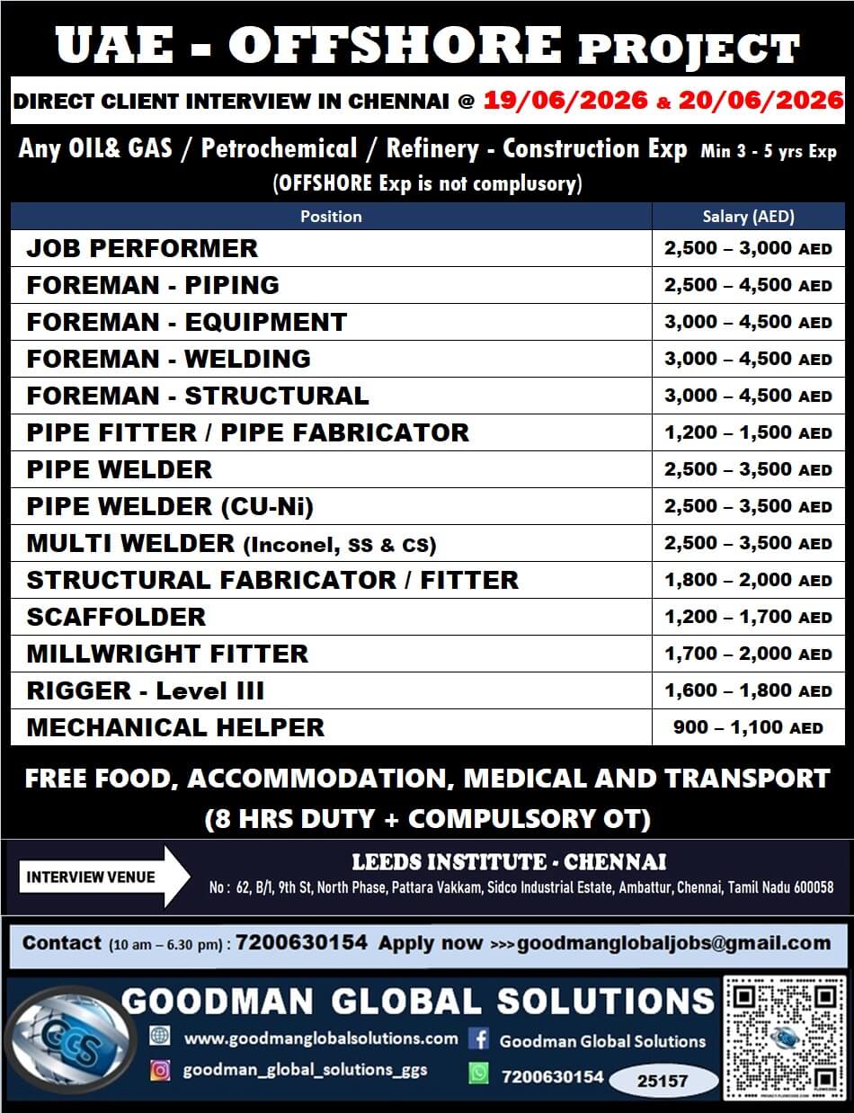 UAE - OFFSHORE PROJECT - LONGTERM  DIRECT CLIENT INTERVIEW IN CHENNAI @19-06-2026 & 20-06-2026