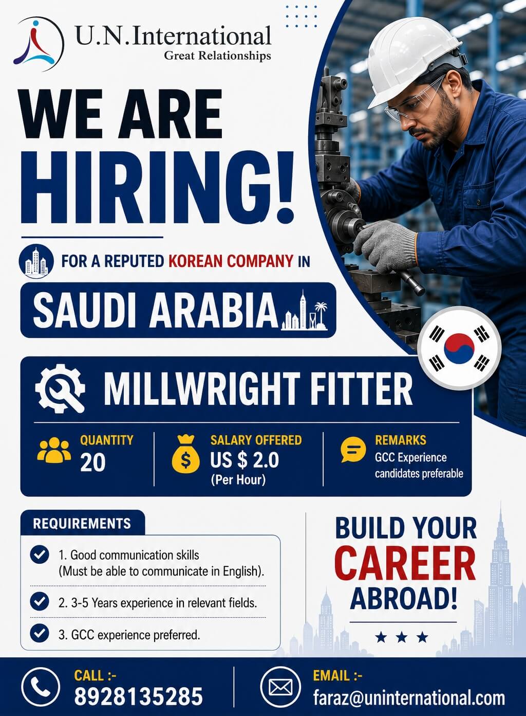 ? WE ARE HIRING – MILLWRIGHT FITTER ?  A reputed Korean company in Saudi Arabia.