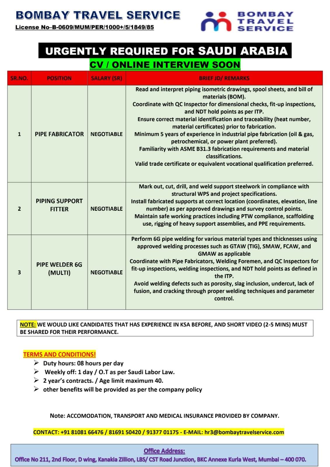 Top urgent required for ksa reputed co.