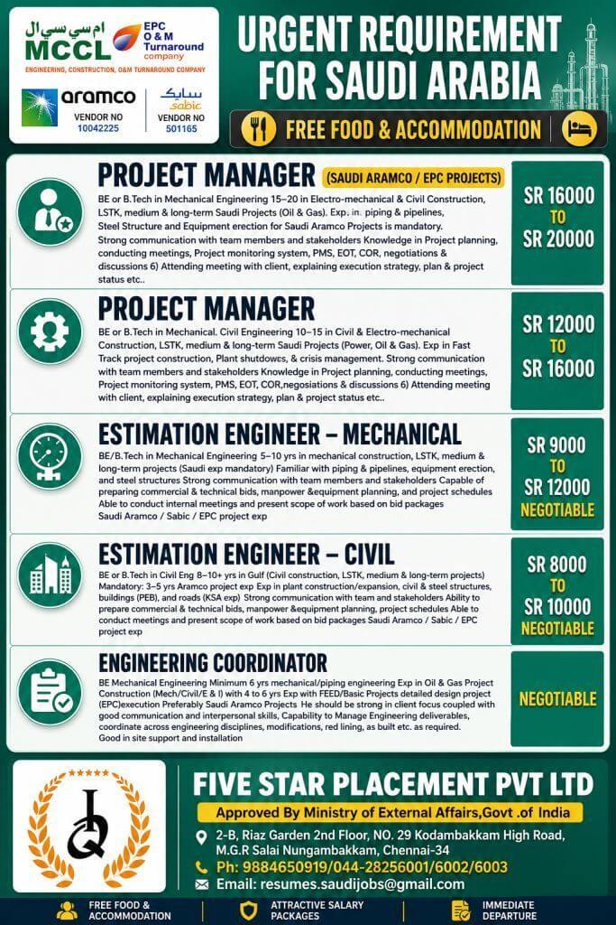 URGENT REQUIREMENT FOR SAUDI ARABIA