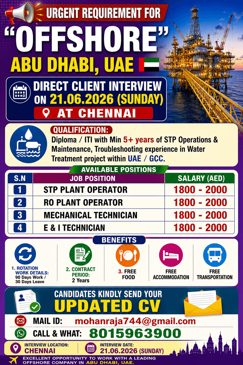 REQUIREMENTS FOR "OFFSHORE” ABUDHABI   DIRECT CLIENT INTERVIEW ON 21.06.2026 (SUNDAY) AT CHENNAI