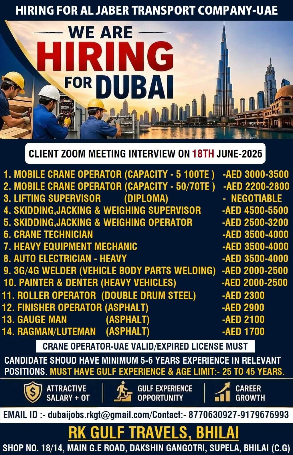 HIRING FOR AL JABER TRANSPORT COMPANY - ABU DHABI (UAE).