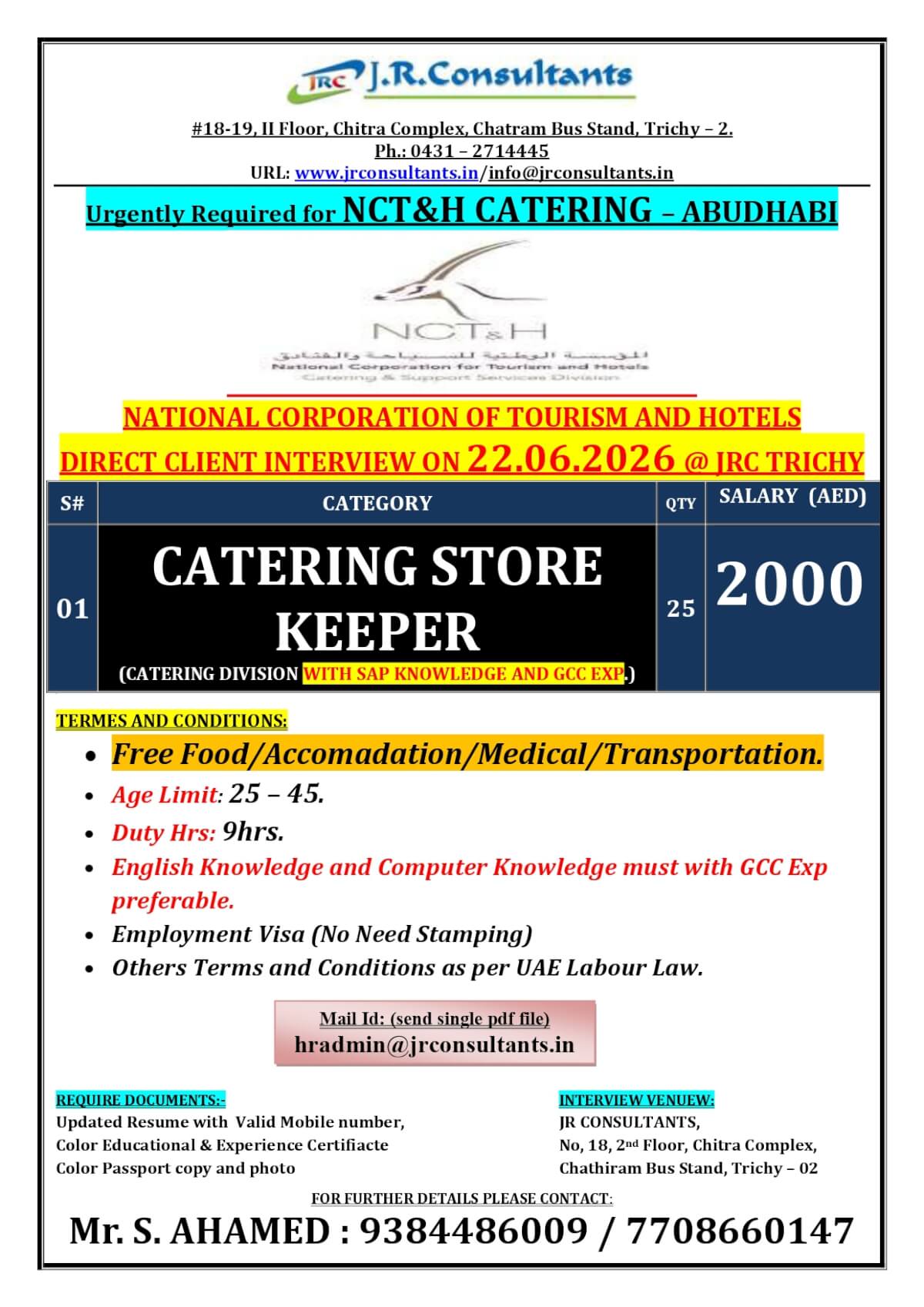 URGENTLY REQUIRED FOR A LEADING CATERING COMPANY NCT&H IN ABUDHABI A DIRECT CLIENT INTERVIEW ON 22.06.2026 @ TRICHY